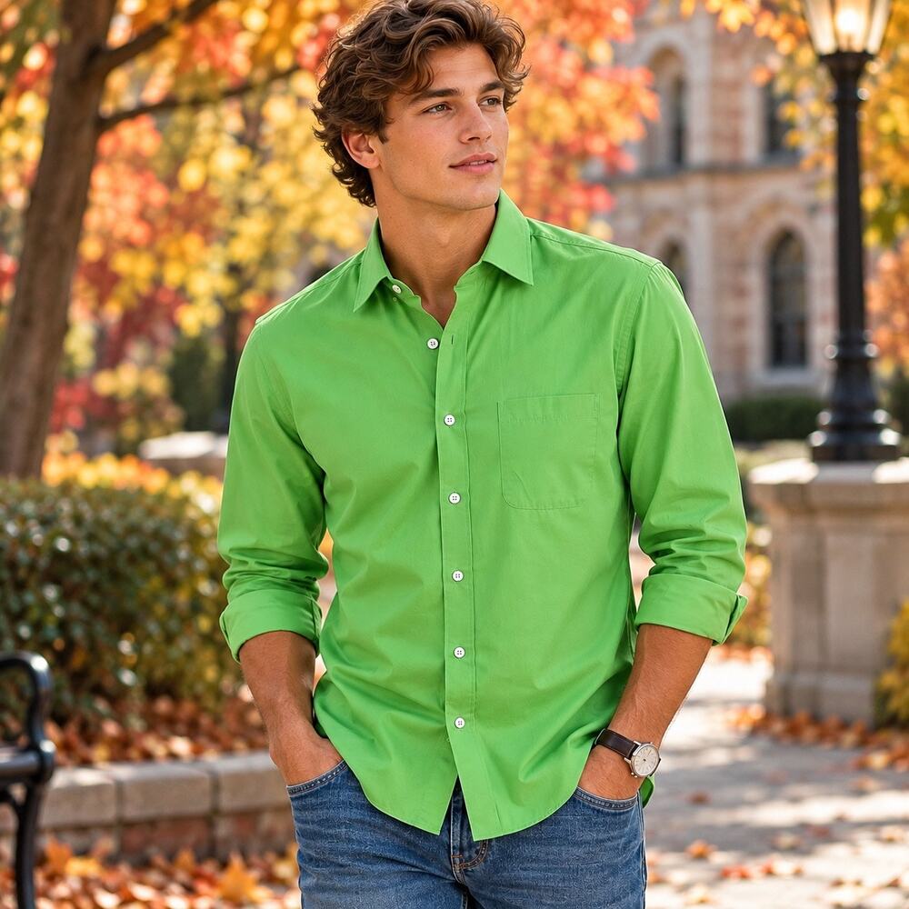 Beverly Hills Polo Club Men’s Slim Fit Green Button Dress Shirt Size L 16 34/35